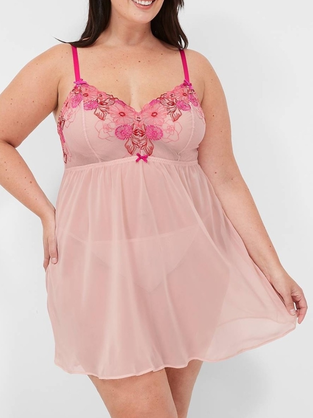 Cacique Pink Floral Mesh Babydoll Chemise Plus Size 22/24 NWT Sexy Babydoll